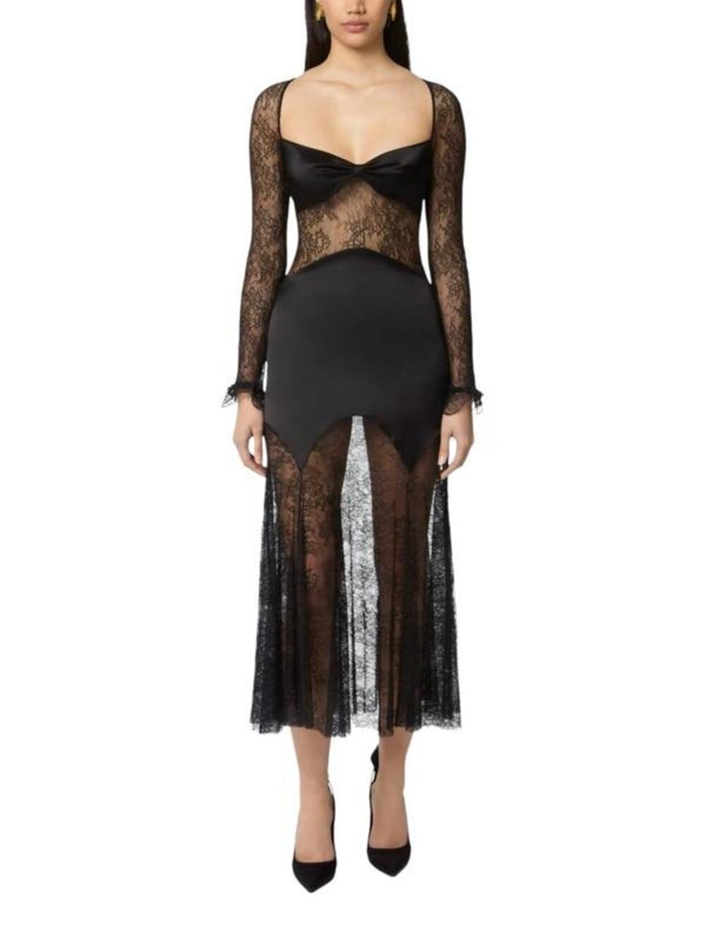 Nina Ricci Open Neck and Long Sleeves Lace and Satin Dress in Black FR 36 US 4
